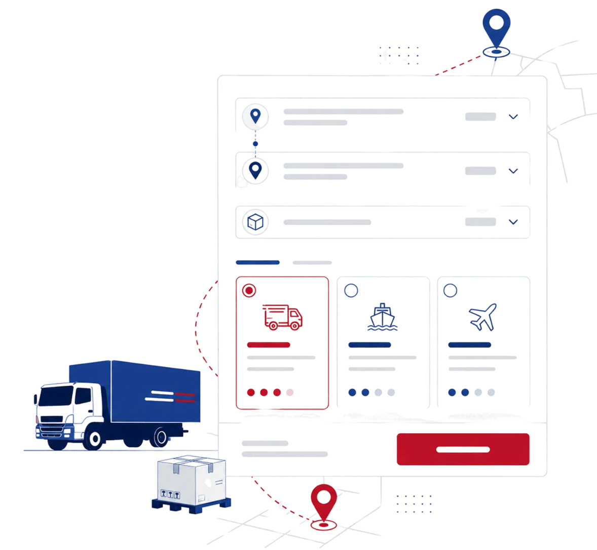 Diagram of one shipment being compared across several carrier rates and booked through the Spots platform
