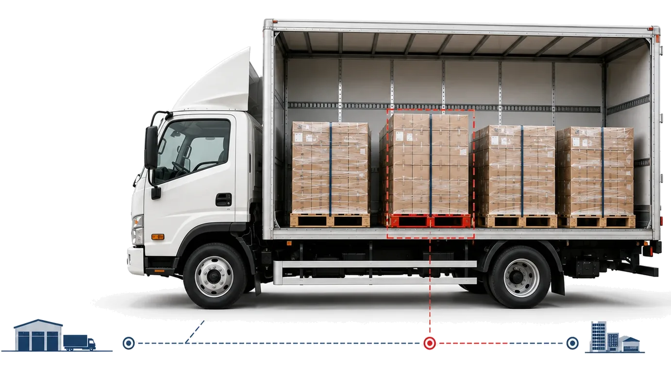Cutaway view of a delivery lorry loaded with palletised freight